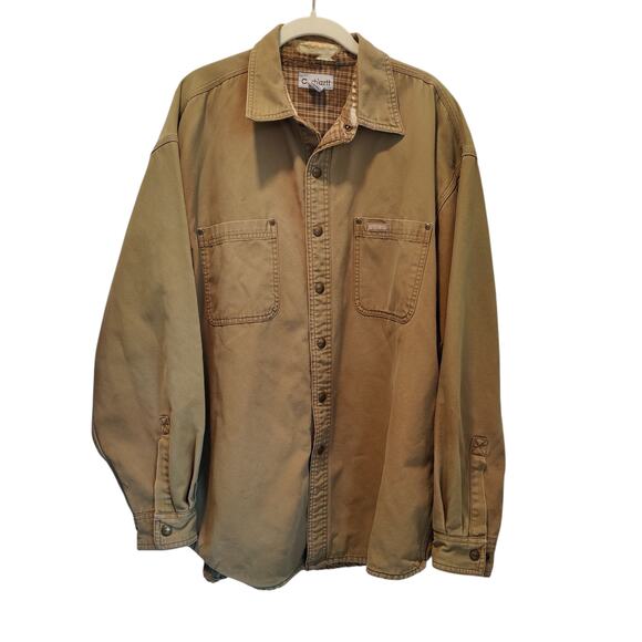 Carhartt Sz L S96BRN Flannel Lined Shirt Jacket Shacket Snap Front Distressed - Picture 1 of 9